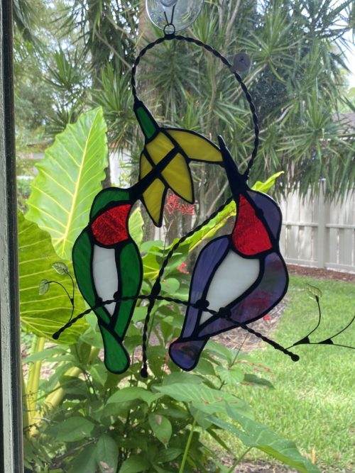 Hummingbirds and Flower Stained Glass Suncatcher