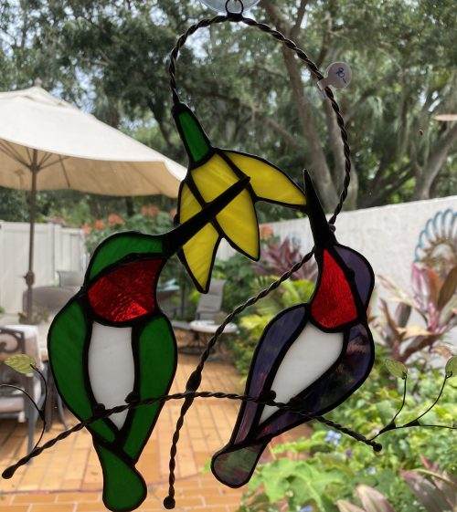 Hummingbirds and Flower Stained Glass Suncatcher - Image 4