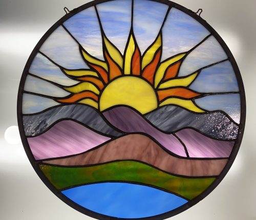 Sunrise over the Mountains Panel Stained Glass Art,  Free Shipping