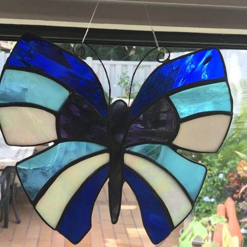 Butterfly Blues, White and purple art glass suncatcher