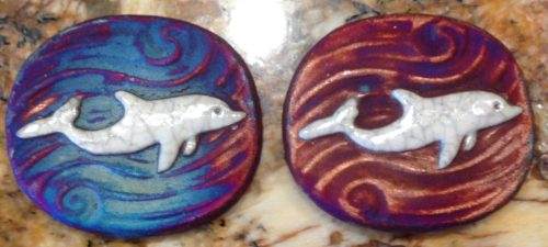 (2) Dolphin Medallions Raku Pottery NEW