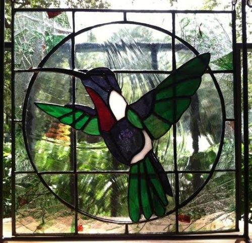 Hummingbird in Confetti art glass Stained Glass Panel