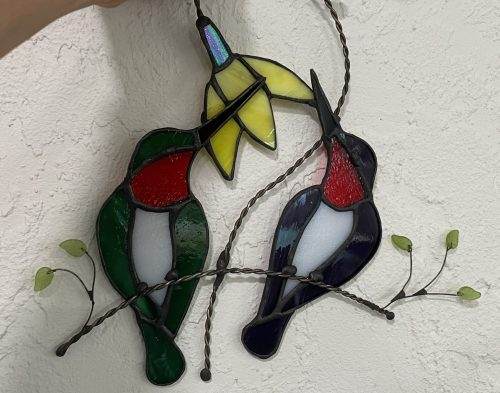 Hummingbirds and Flower Stained Glass Suncatcher - Image 2