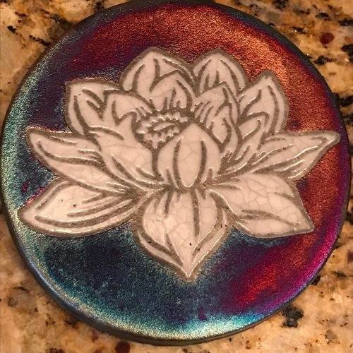 Lotus Blossom Coaster Raku Pottery, handmade, hand signed - NEW