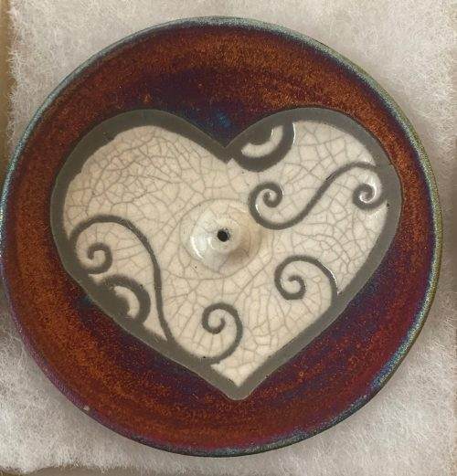 Heart Incense Burner, Raku Pottery handmade & hand signed  - NEW