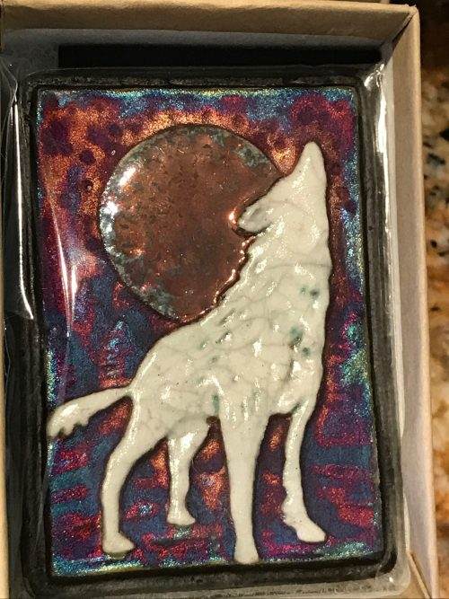 Wolf Raku Wall Art small (new design), handmade/handsigned- NEW