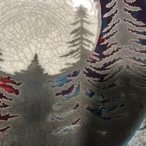 Fir Trees and the Moon Plate Raku Pottery 10" NEW - Image 3