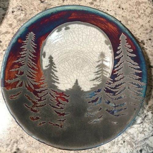 Fir Trees and the Moon Plate Raku Pottery 10" NEW