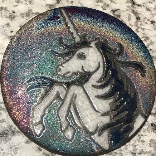 Unicorn Coaster Raku Pottery, handmade, handsigned - NEW