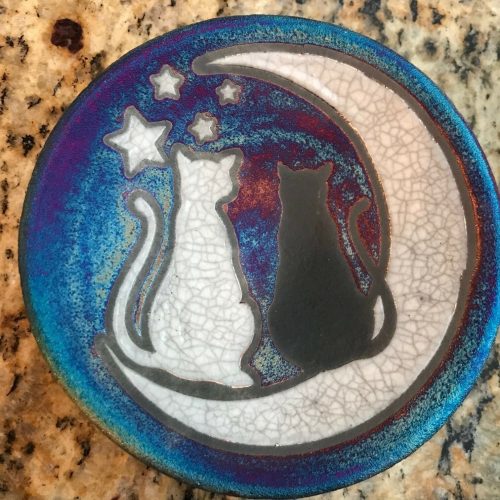 Cats and Moon Coaster Raku Pottery, handmade, handsigned - NEW