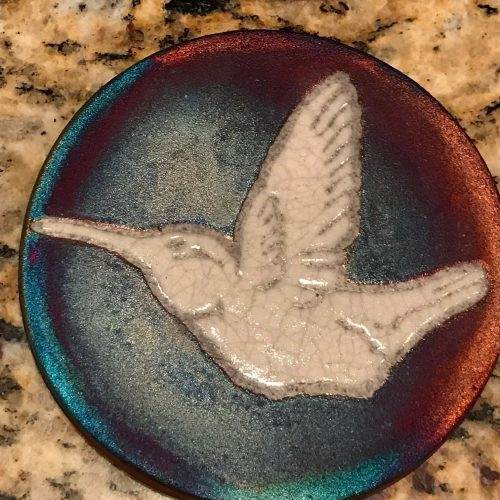 Hummingbird Coaster Raku Pottery 2 day shipping, handmade, handsigned - NEW