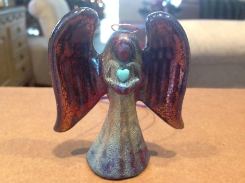 Spirit Angel medium Raku Pottery w/gemstone heart by artist Jeremy Diller - NEW