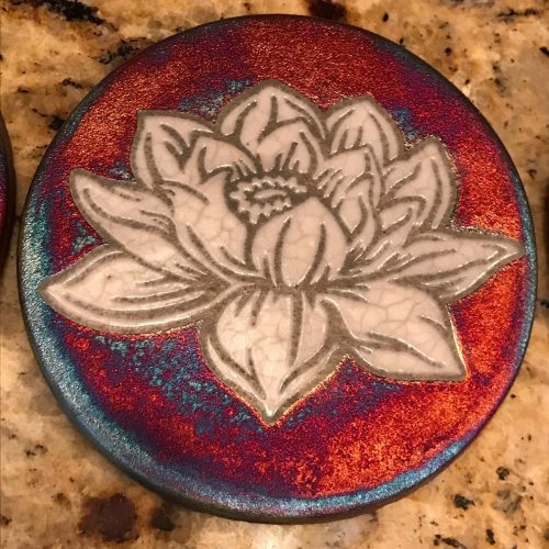 Lotus Blossom Coaster Raku Pottery, handmade, hand signed - NEW - Image 3