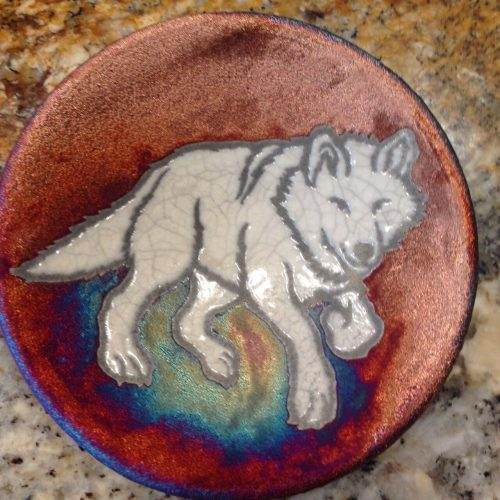 Wolf Coaster Raku Pottery, handmade, handsigned - NEW