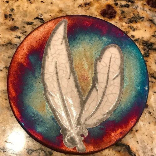 Feather Coaster Raku Pottery, handmade, handsigned - NEW