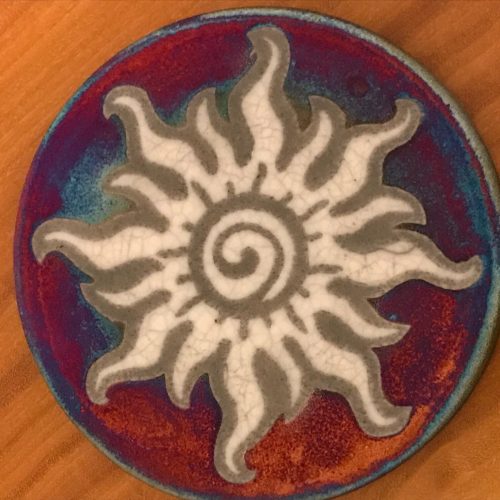 Spiral Sun Coaster Raku Pottery, handmade, handsigned - NEW