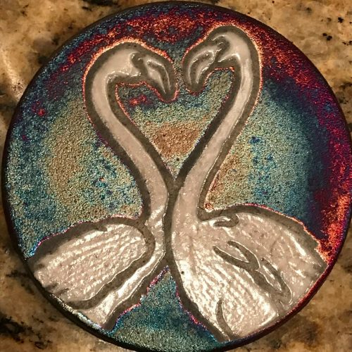 Flamingo Coaster Raku Pottery, handmade, handsigned - NEW - Image 3