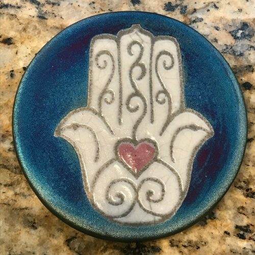 Hamsa Coaster Raku Pottery, handmade, handsigned - NEW