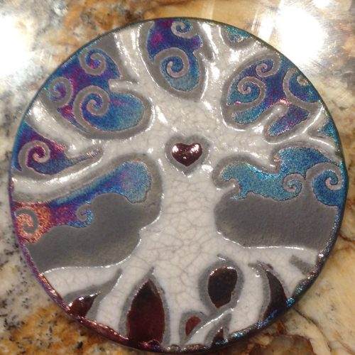 Tree of Life Coaster Raku Pottery, handmade, handsigned - NEW