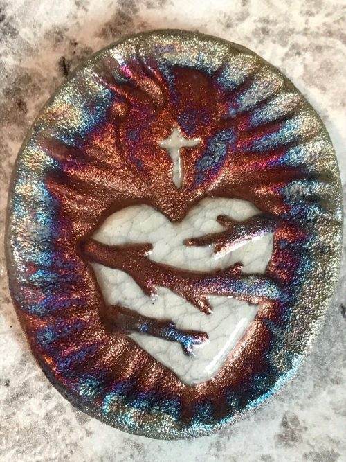 (2) Sacred Heart Medallions "I Am Loved" Raku Pottery NEW - Image 3