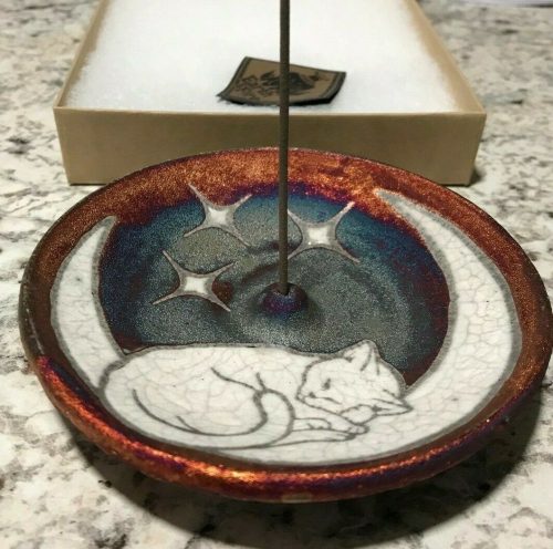 Cat on the Moon Incense Burner, Raku Pottery handmade & handsigned  - NEW - Image 3