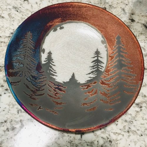 Fir Trees and the Moon Plate Raku Pottery 8" NEW - Image 3